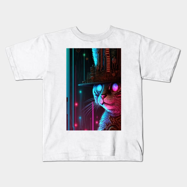 Cool Cyberpunk Steampunk Cat Detective Kids T-Shirt by Obotan Mmienu